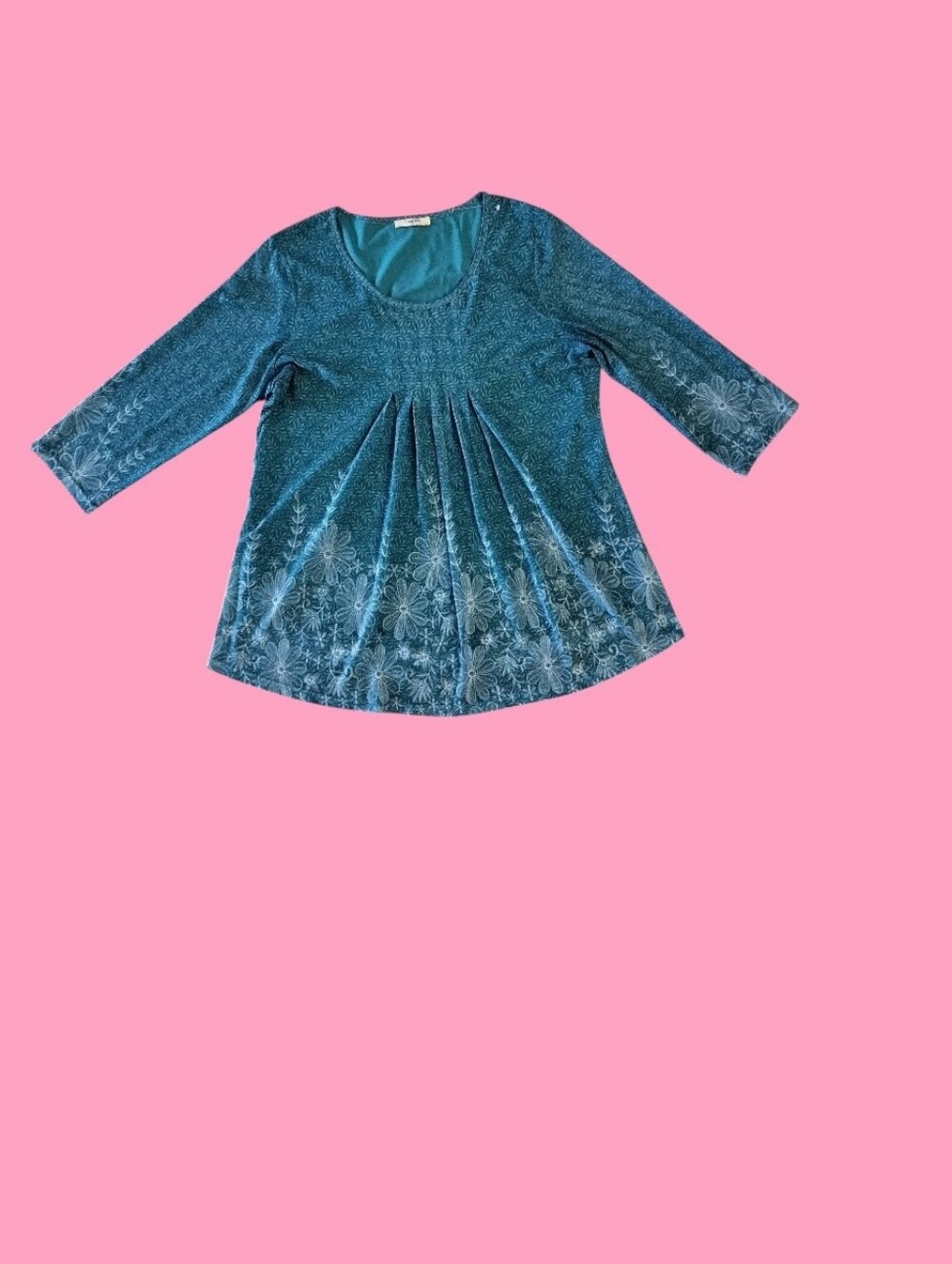 Teal Floral Pleated Babydoll Top 3/4 Sleeve Women’s Blouse XL